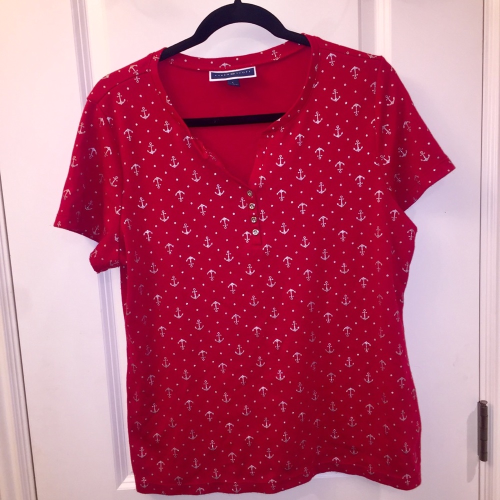 Red Anchor Print Henley Short Sleeve